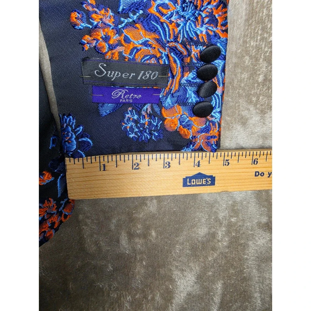 Retro Paris Monte Carlo III Blazer Indigo Blue Orange Floral Damask Tuxedo 36S